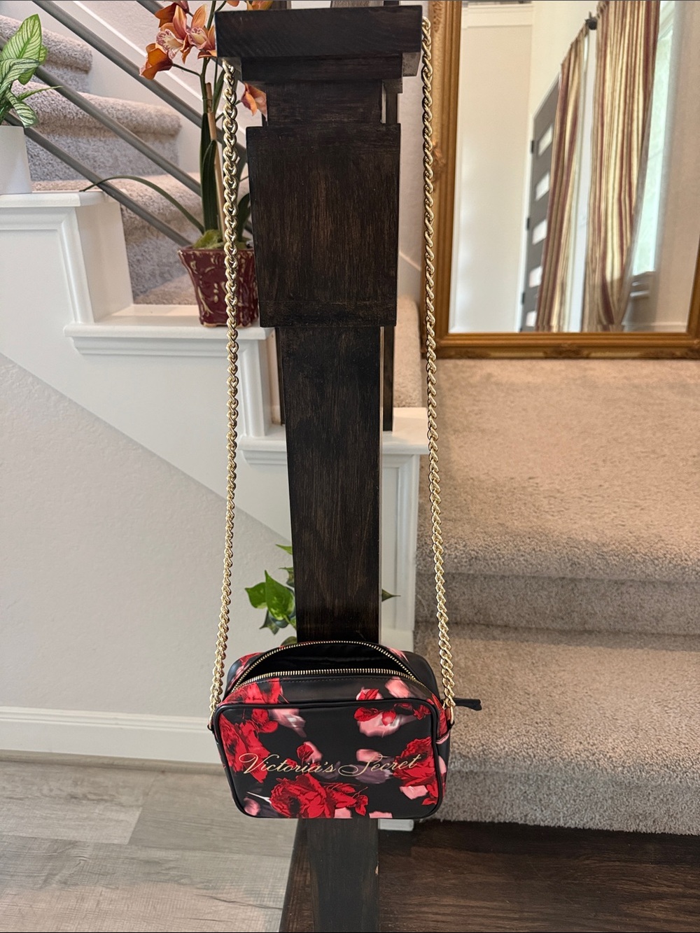 Victoria's Secret Black Crossbody Bag with Red Floral Print and Gold Chain